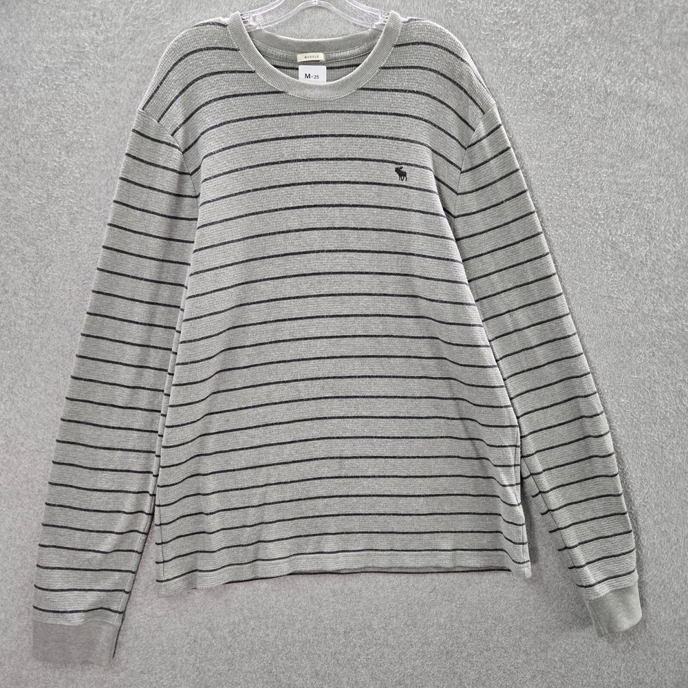 Abercrombie & Fitch Men Sweater 2XL Gray Striped Y2K Muscle Logo Moose Embroider